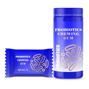 Comprimidos mastigáveis ​​de goma probiótica ricos em fibras para auxiliar na sua saúde bucal.