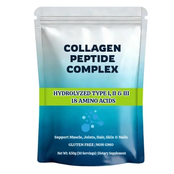 Colágeno orgânico em pó hidrolisado dos tipos I, II e III contém 18 aminoácidos.